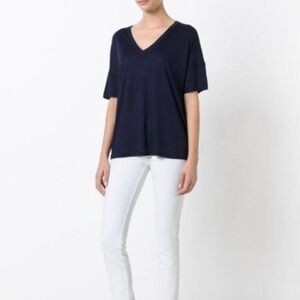 Vince Women's Oversized Short Sleeve V-Neck T-Shirt Navy Blue Size Small